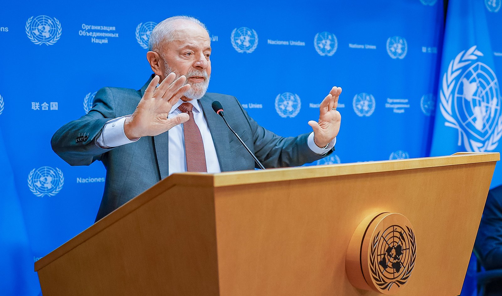 Presidente da República, Luiz Inácio Lula da Silva, em entrevista coletiva à imprensa na Sede das Nações Unidas (ONU), sala de entrevistas. Nova York - Estados Unidos. Foto: Ricardo Stuckert / PR